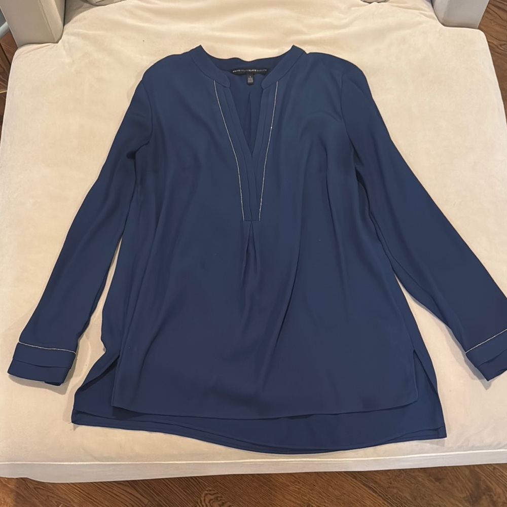 White House Black Market blue tunic with silver beading trim